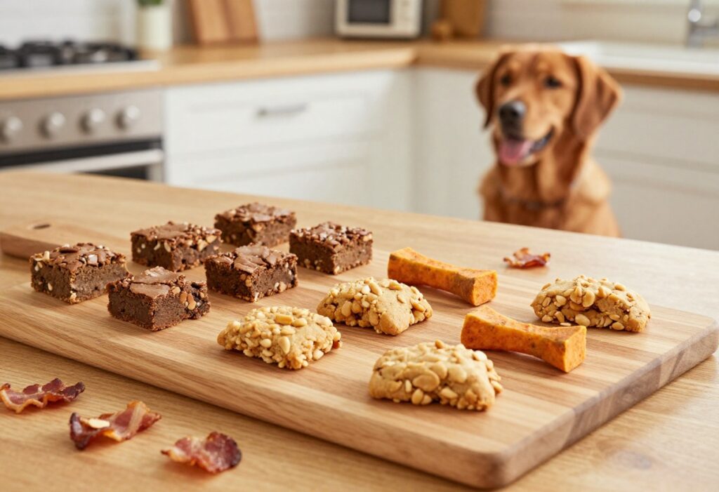 Homemade savory meat dog treats arranged on a wooden board with a dog waiting nearby