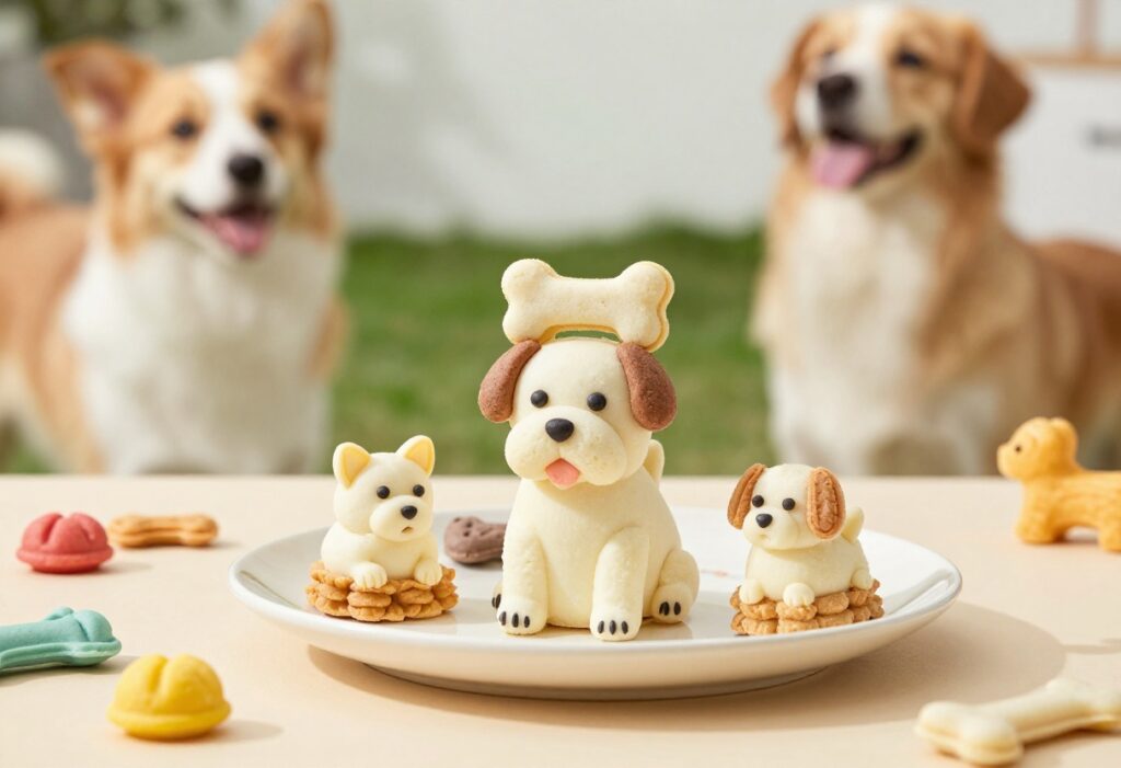 Homemade dog cake with a dog bone treat on top, surrounded by dog treats, on a festive plate.