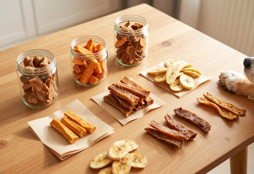 Homemade dehydrated dog treats in jars and on parchment paper on a wooden table