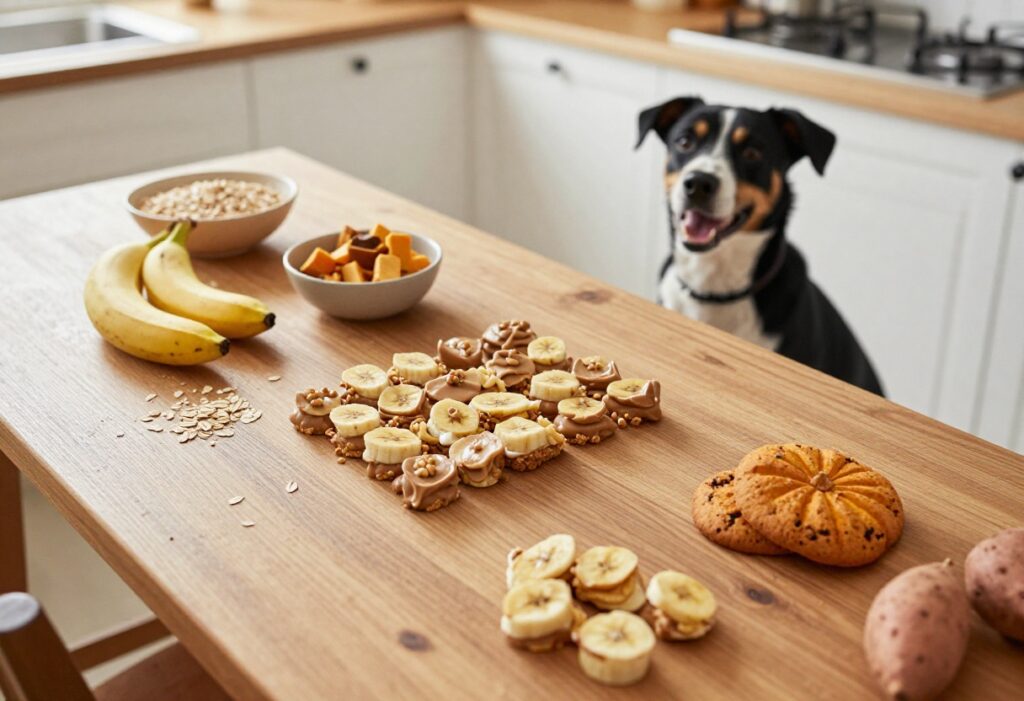 Homemade vegan dog treats on a wooden table with a dog eagerly watching