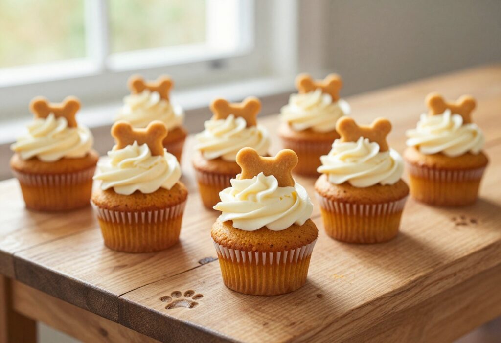 Homemade pumpkin dog cupcakes with cream cheese frosting and a dog bone topper on a wooden table