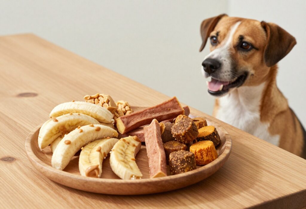 Homemade dog treats on a plate with a dog waiting eagerly