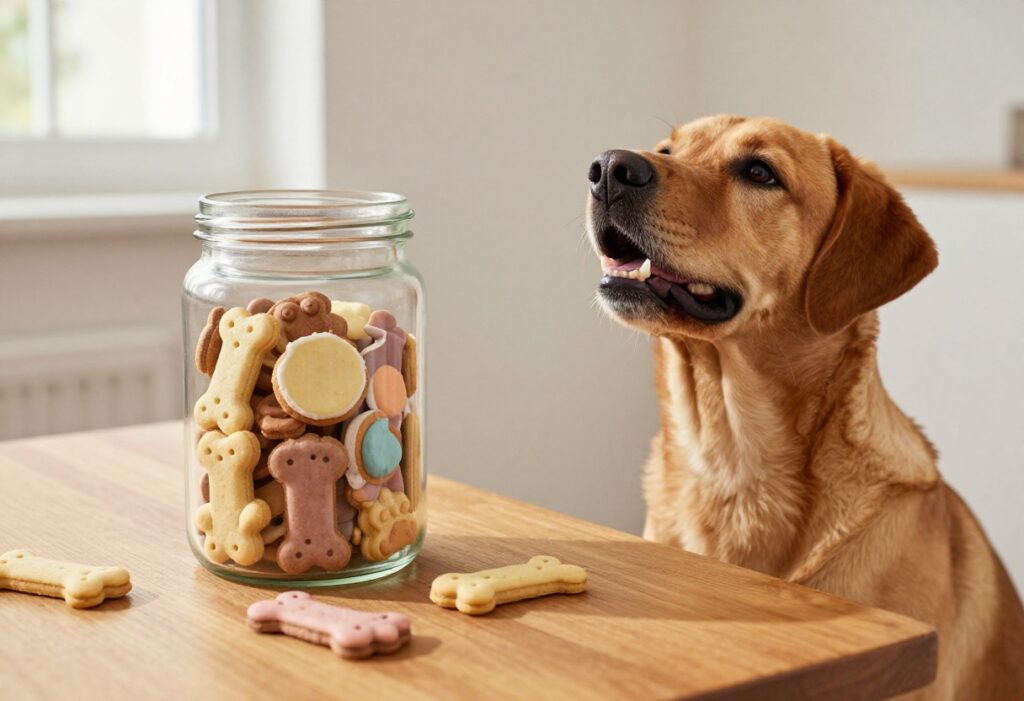 A jar of crunchy homemade dog biscuits with a dog looking on