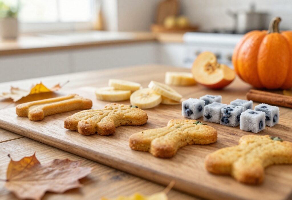 Homemade fall dog treats on a rustic table with pumpkin biscuits, apple chews, and frozen fruit cubes