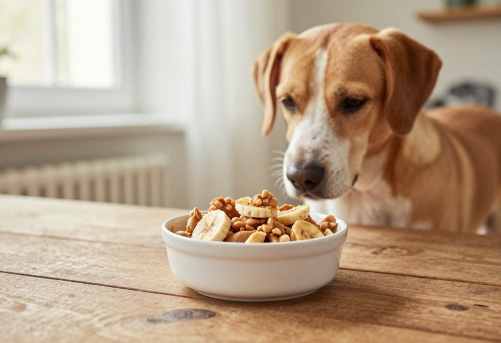 Senior dog looking at a bowl of homemade no-bake peanut butter banana treats