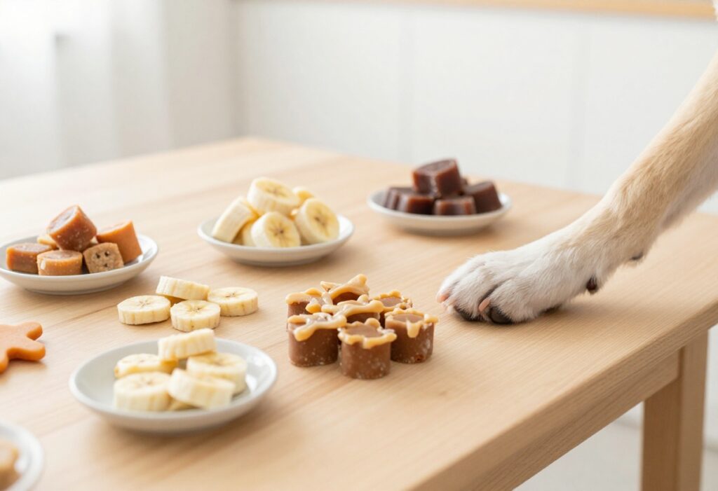 Homemade dog treats on a wooden table with a dog's paw reaching for them
