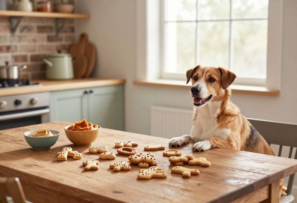 Homemade dog biscuits on a baking sheet with a happy dog nearby