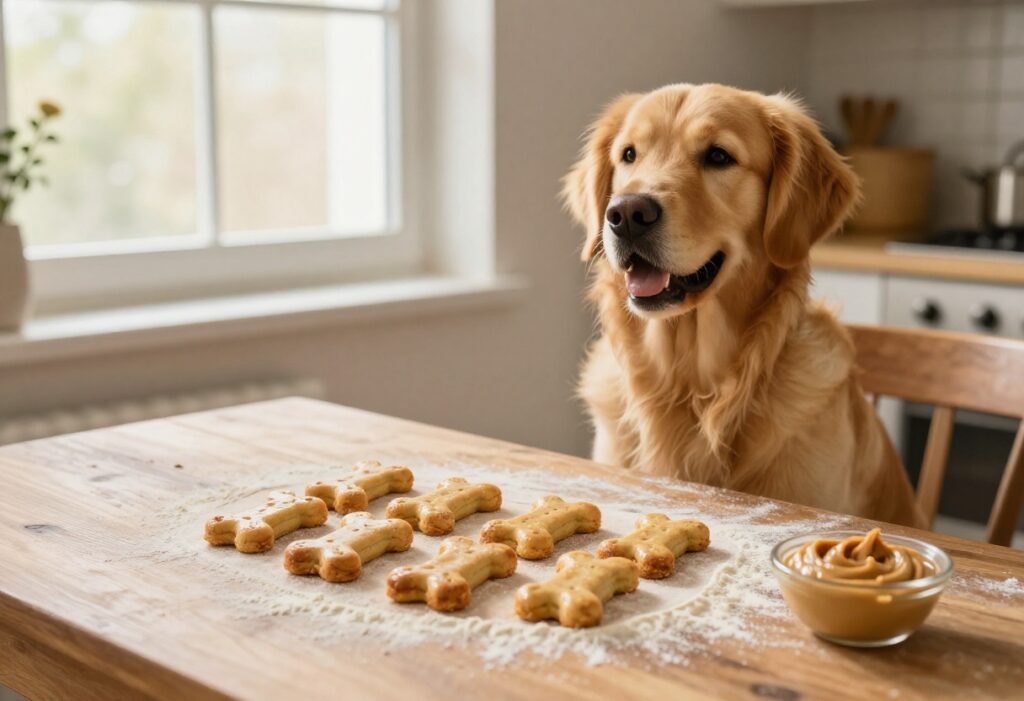 Happy golden retriever sitting next to a baking sheet of homemade dog biscuits in a cozy kitchen