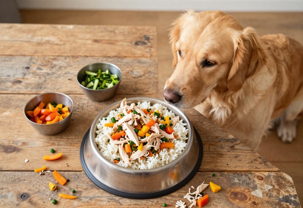 Homemade dog food bowl with chicken, rice, and vegetables next to a happy golden retriever