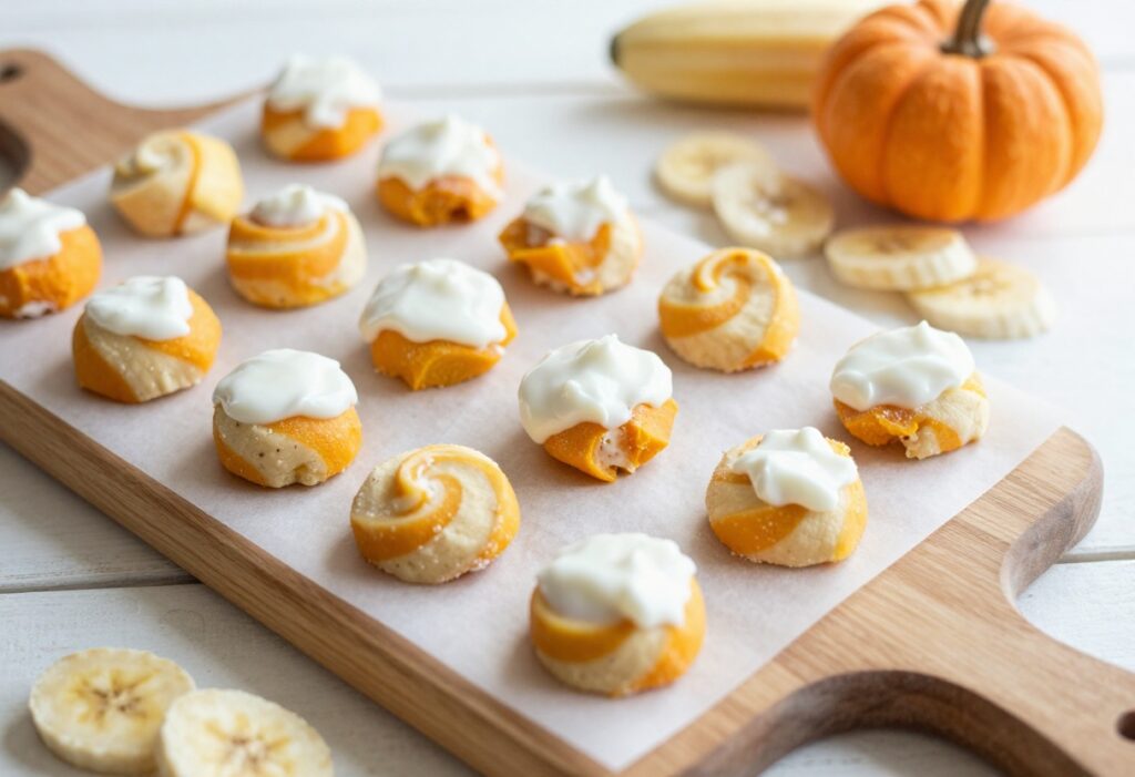 Homemade frozen pumpkin dog treats with yogurt and banana swirls on a wooden board