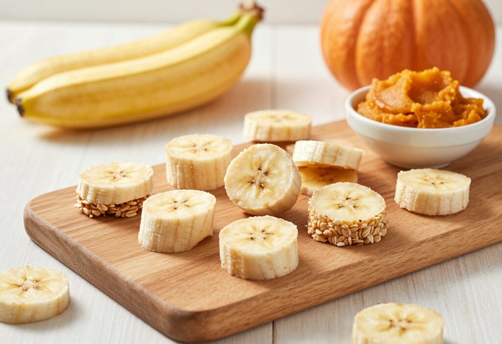 Homemade no-bake banana and pumpkin dog treats arranged on a wooden board with pumpkin puree and banana nearby