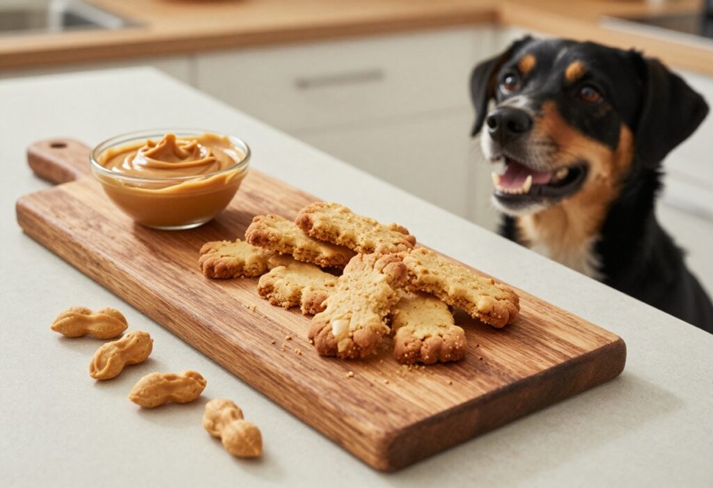 Homemade peanut butter dog biscuits on a wooden board with a happy dog looking on