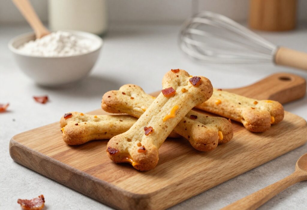 Homemade cheese and bacon dog biscuits arranged on a wooden board with baking ingredients in the background