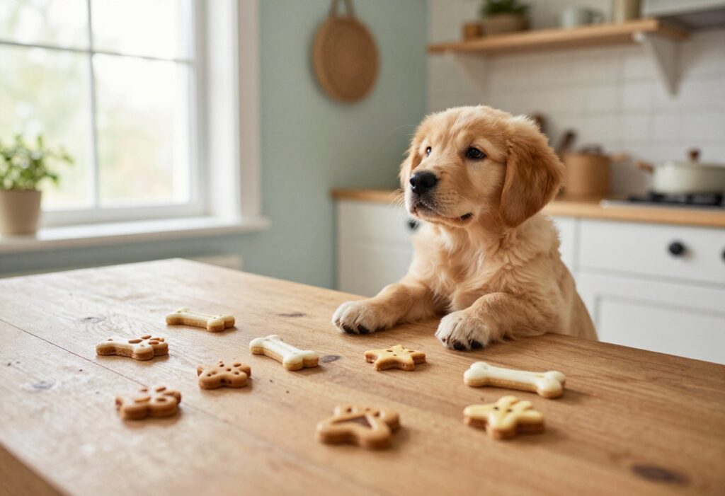 Homemade peanut butter banana dog biscuits on a wooden table with a golden retriever puppy looking on
