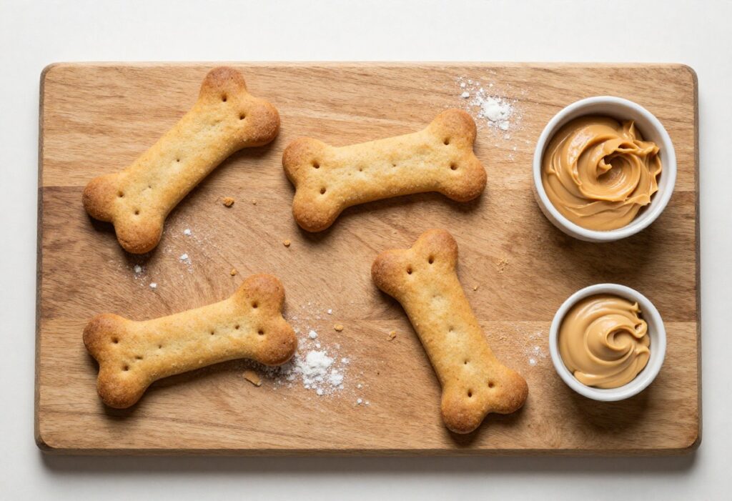 Homemade sourdough dog biscuits on a wooden board with peanut butter and flour