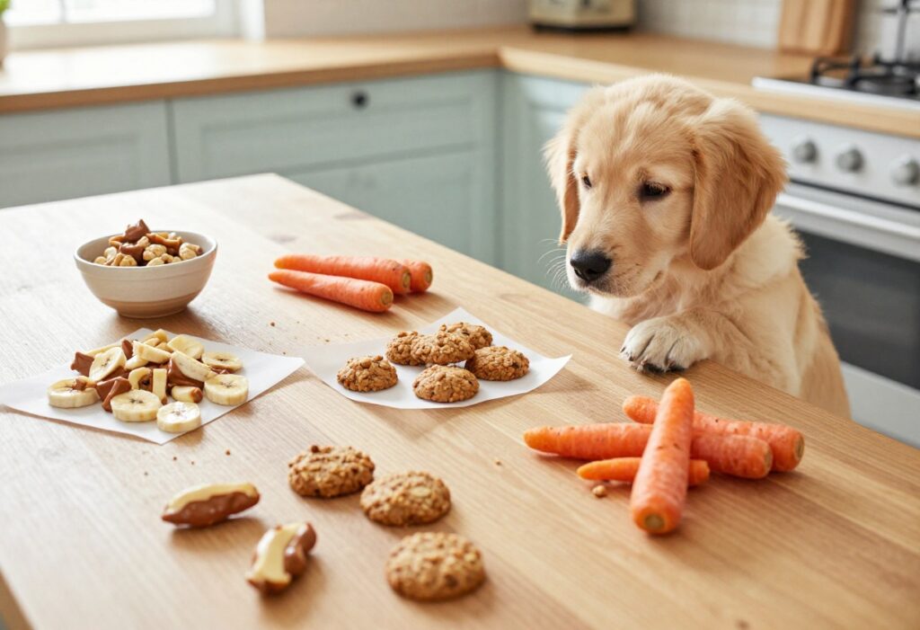 Homemade two-ingredient dog treats on a wooden table with a dog waiting eagerly