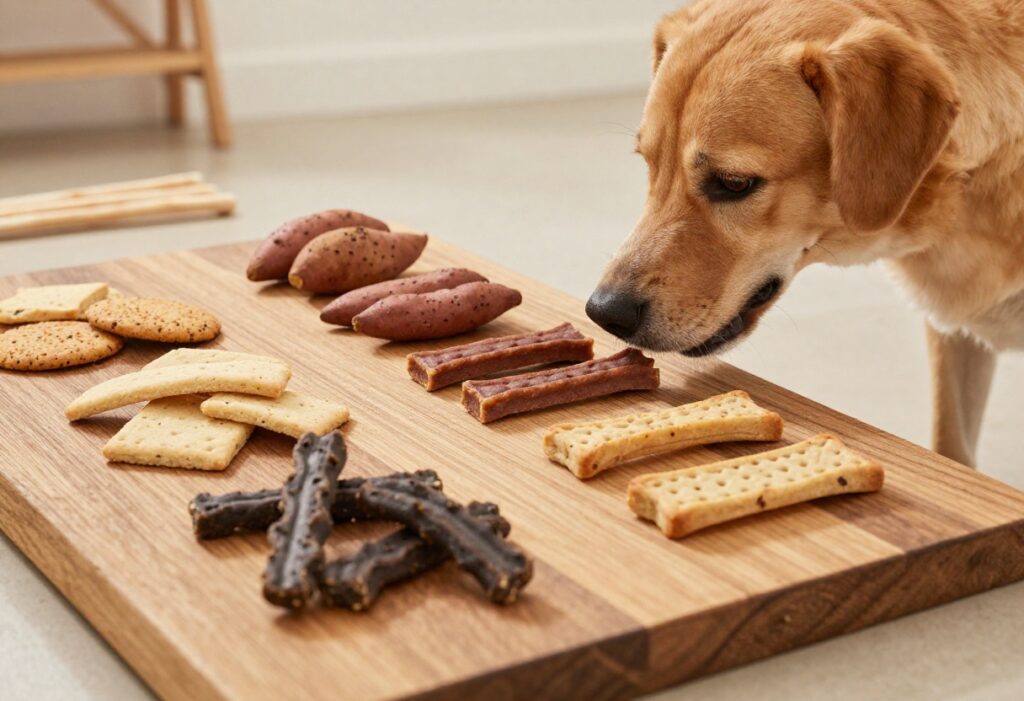 Homemade sweet potato dog treats on a wooden board with a dog nearby