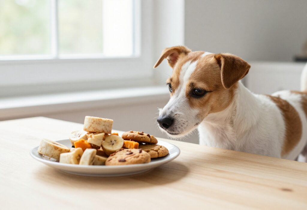 Homemade dog treats for small dogs on a plate with a puppy looking on