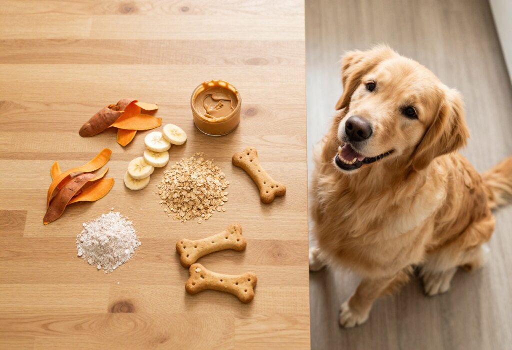 Homemade dog treats made from leftovers on a wooden table with a dog watching
