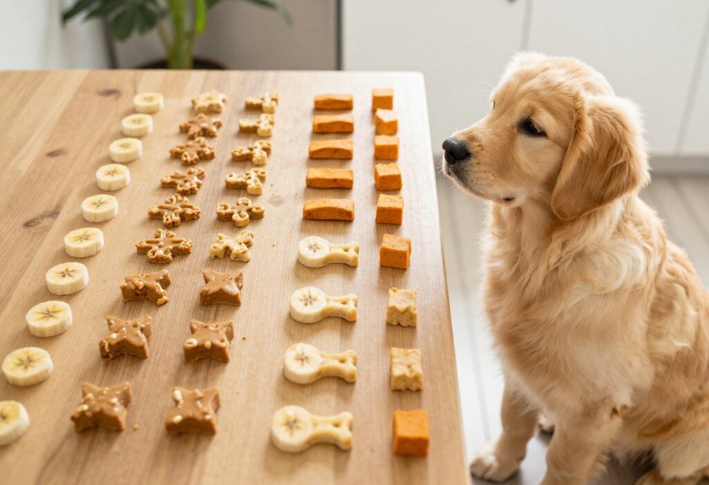 Homemade soft dog treats on a baking sheet with a golden retriever watching eagerly.