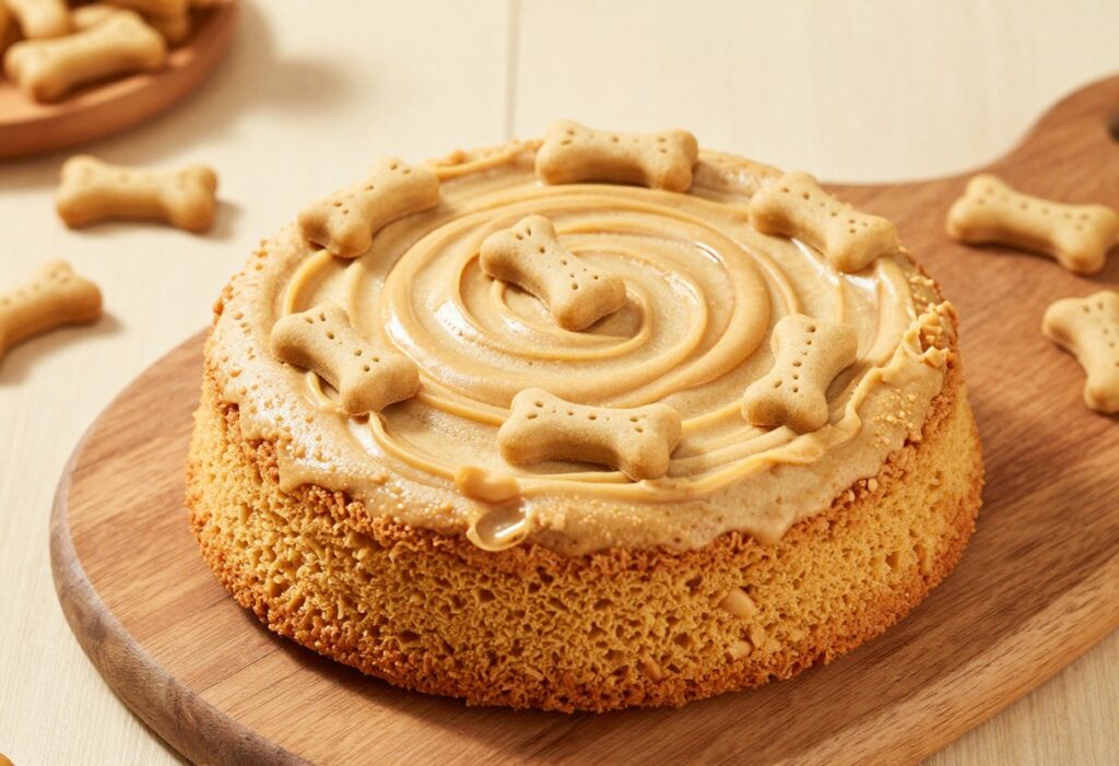Homemade 3-ingredient dog cake with peanut butter swirls and a dog bone treat on top, surrounded by dog biscuits on a wooden board.