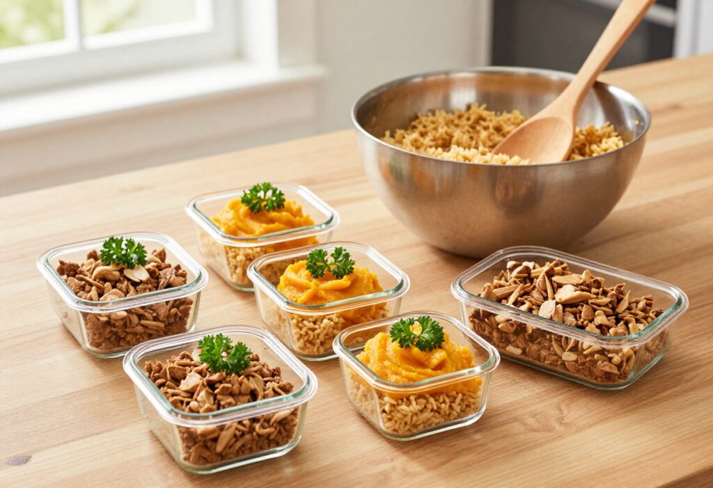 Homemade dog food meal prep with ground chicken, rice, and pumpkin in bowls and containers