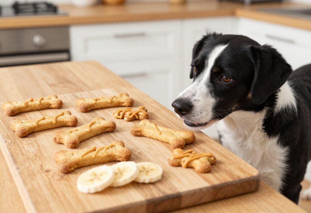 Homemade grain-free dog biscuits on a wooden board with a dog waiting eagerly