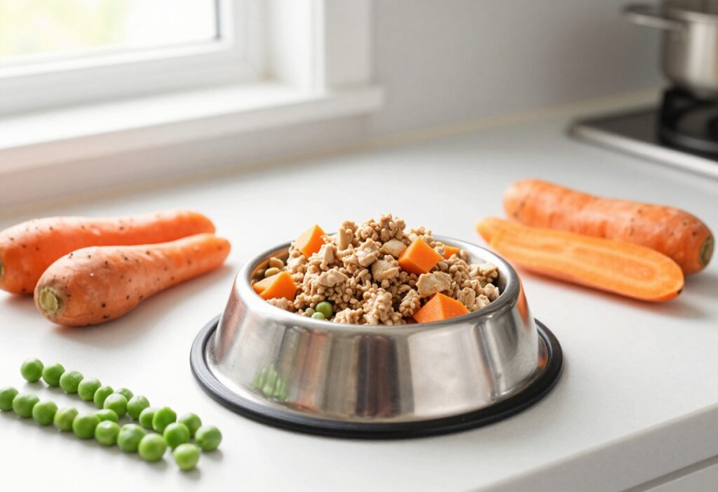 Homemade ground chicken dog food in a dog bowl with fresh ingredients nearby