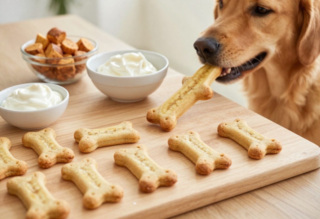 Homemade banana sweet potato dog treats arranged on a wooden board with a dog's paw reaching for them.