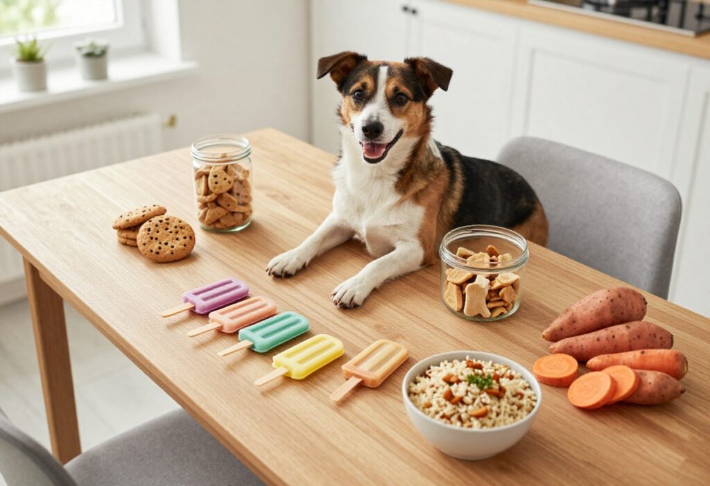 Homemade dog treats and meals spread on a table with a happy dog nearby