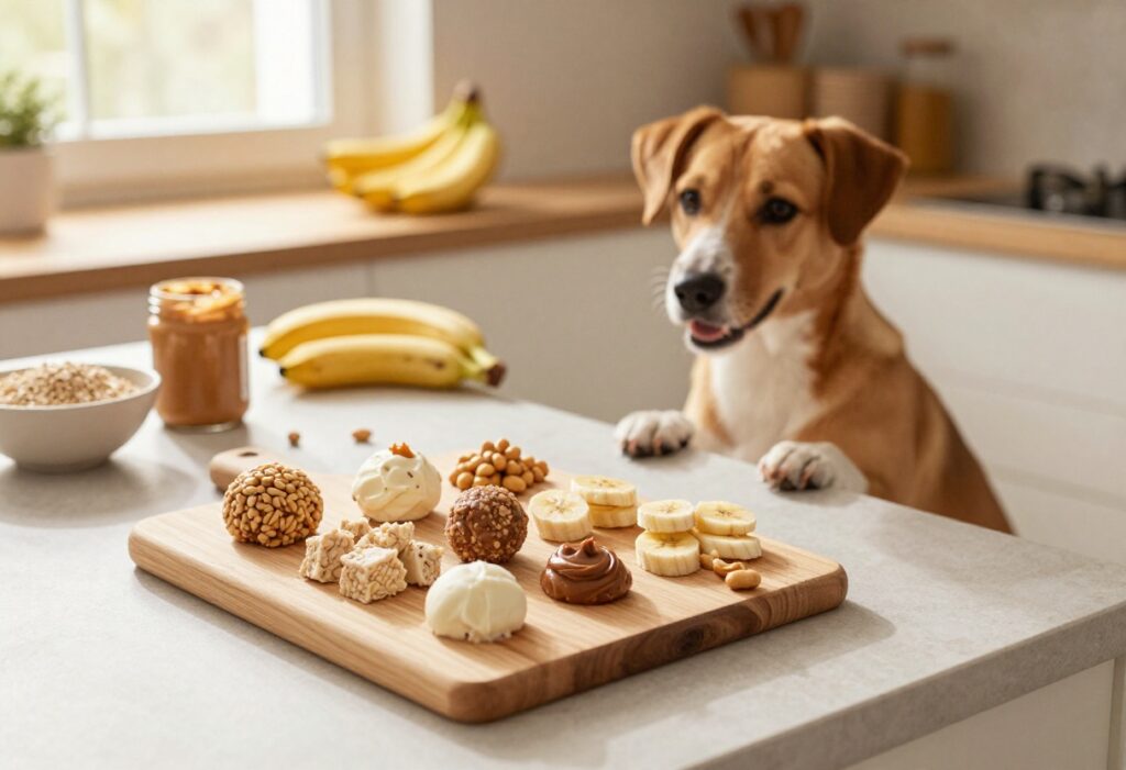 Homemade no-bake dog treats on a wooden board with a dog nearby