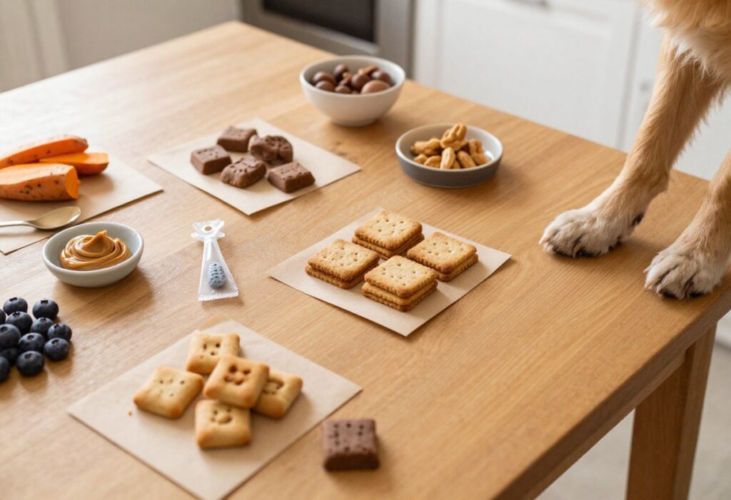 Homemade dog training treats arranged on a wooden table with ingredients and a dog's paw