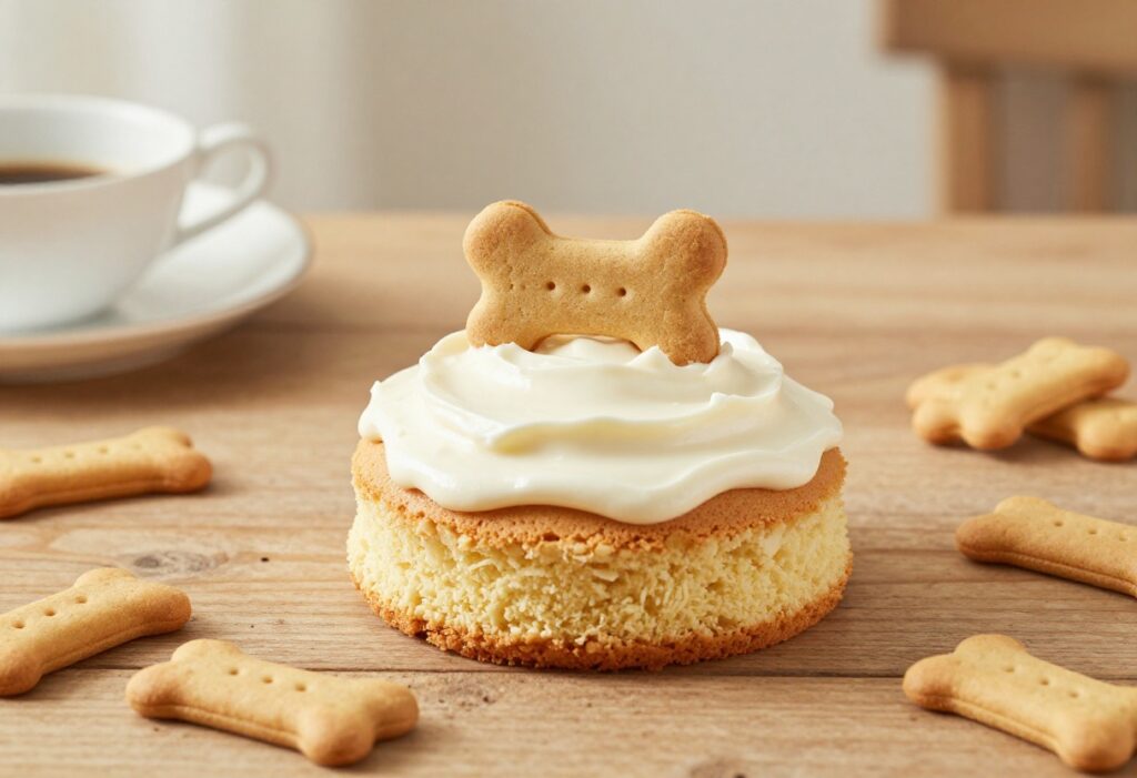 Homemade dog cake with yogurt frosting and a dog bone treat on top, surrounded by dog biscuits on a wooden table