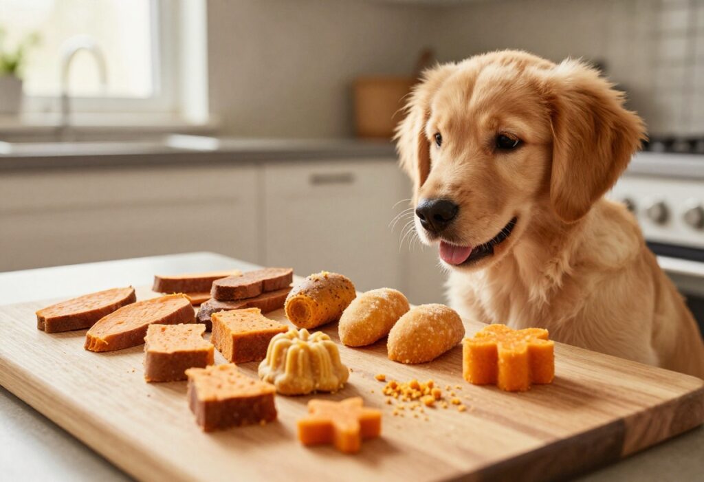 Homemade sweet potato dog treats on a cutting board with a puppy looking on