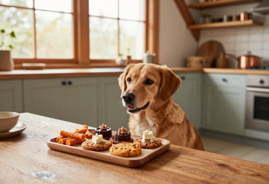 Homemade dog treats without peanut butter, including sweet potato chews and pumpkin biscuits, on a wooden counter with a dog looking on.