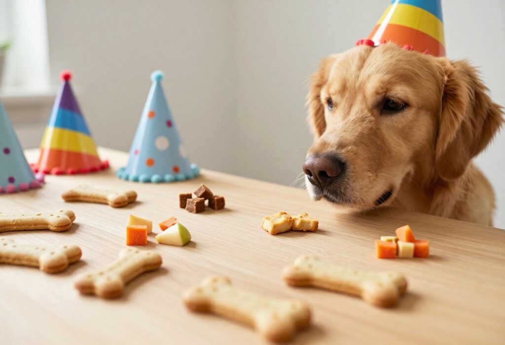 Homemade 3-ingredient dog treats in different shapes on a wooden table with a golden retriever waiting nearby