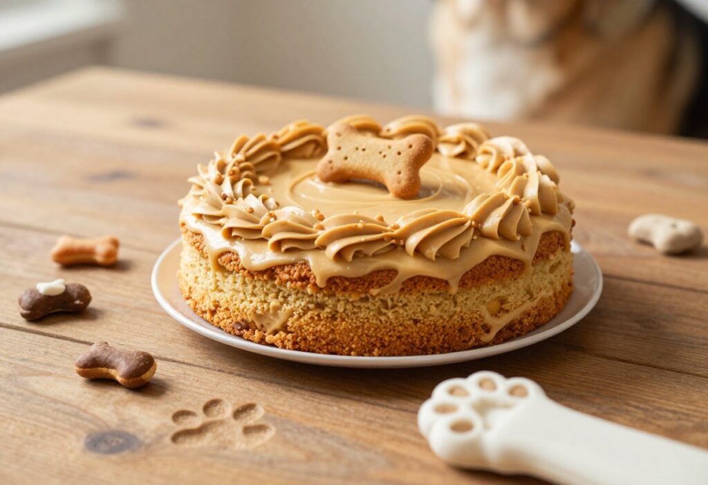 Homemade dog cake with peanut butter frosting and bone-shaped treat, surrounded by dog treats on a wooden table