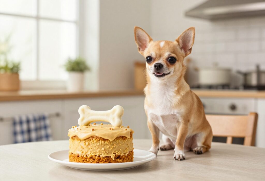 Small dog sitting next to a homemade dog cake with peanut butter frosting and a dog bone on top