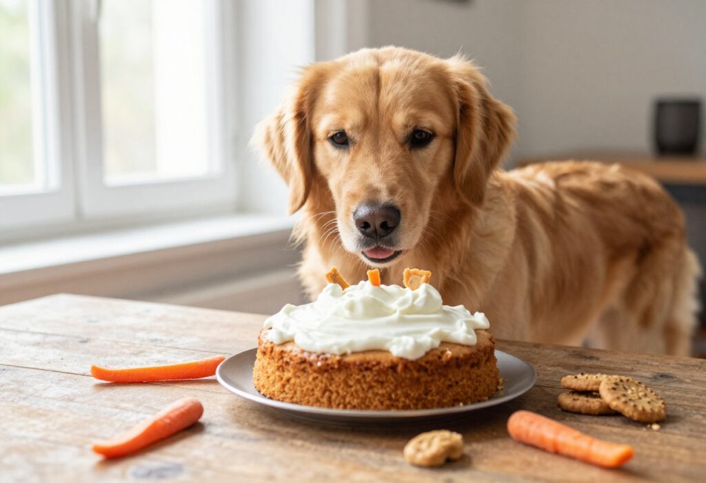 Homemade dog cake with yogurt topping on a wooden table, with a dog looking on