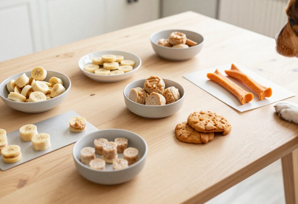 Homemade dog treats arranged on a wooden table, including frozen bites, chews, and biscuits, with a dog paw in the corner.