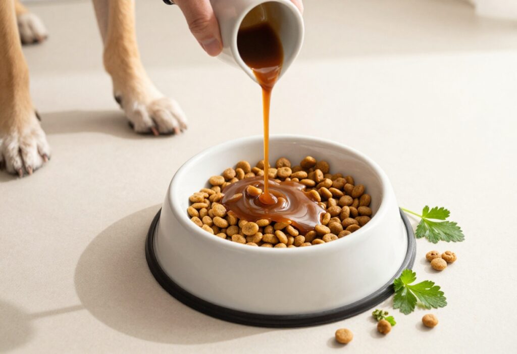 Homemade dog gravy being poured over dry kibble in a dog bowl