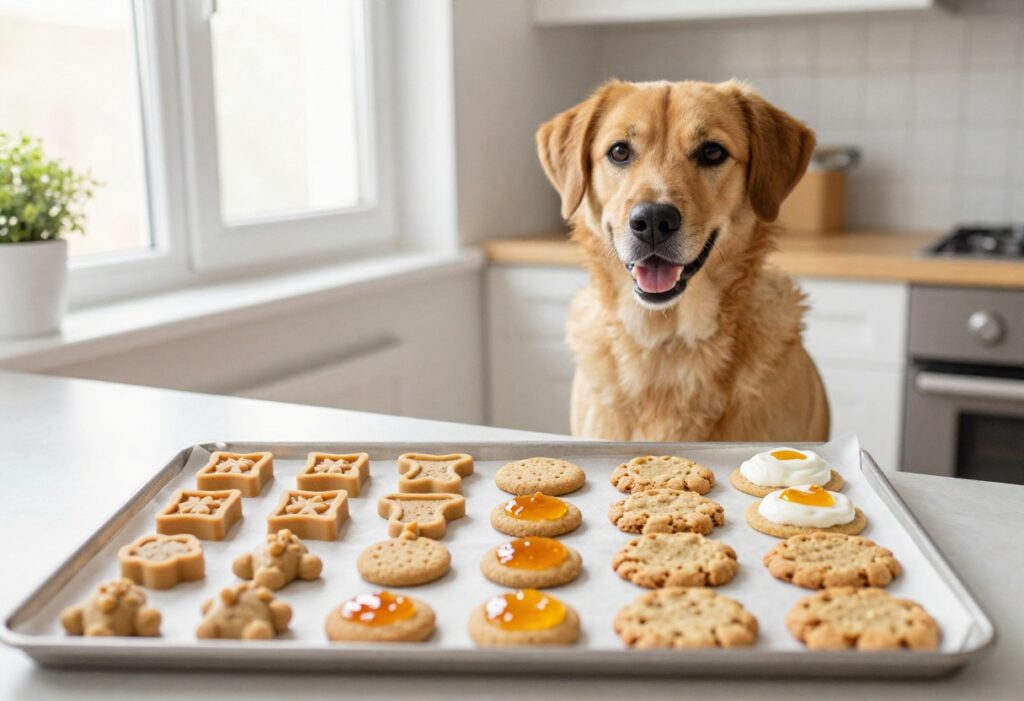 Happy dog looking at a variety of homemade frozen dog treats on a baking sheet