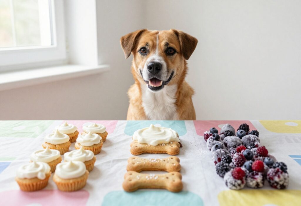 Homemade dog treats spread on a party table with a happy dog