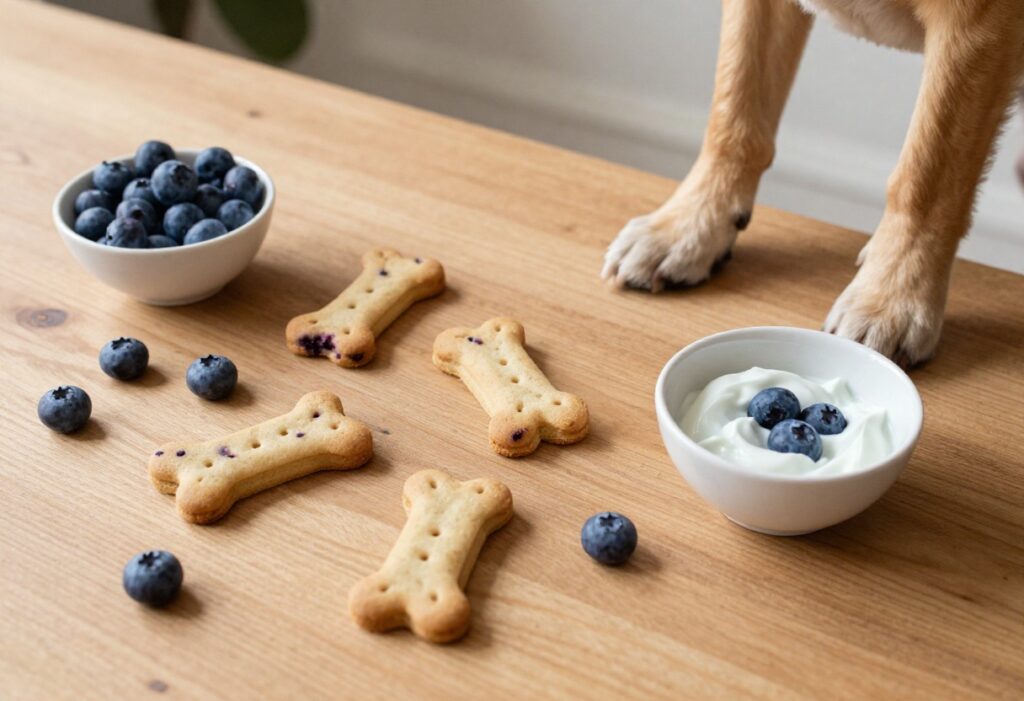 Homemade blueberry dog treats on a wooden table with fresh blueberries and a dog's paw
