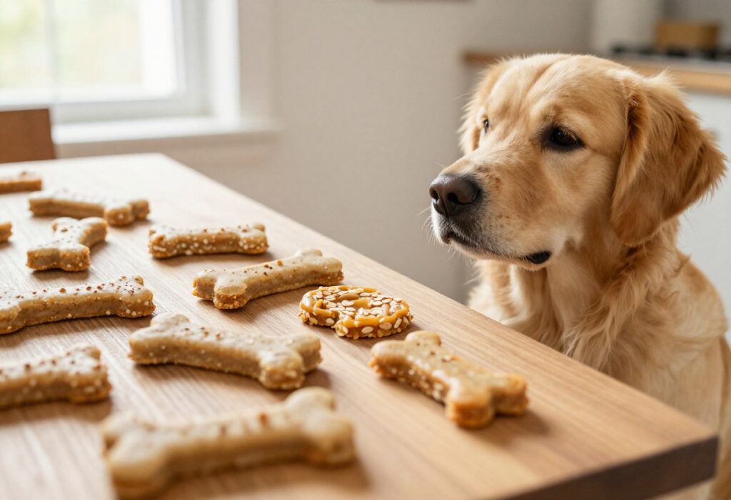Homemade oat dog treats on a wooden table with a golden retriever looking on