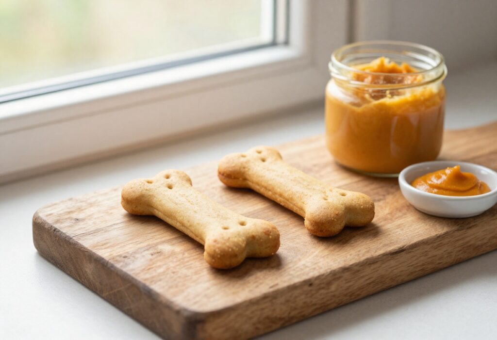 Homemade peanut butter and pumpkin dog biscuits on a wooden board with ingredients nearby