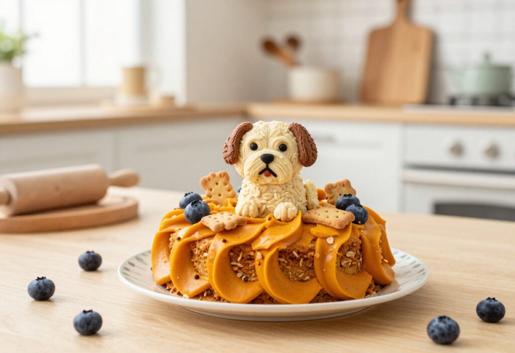 Homemade dog cake with pumpkin swirl and oat flour, decorated with dog treats on a party plate