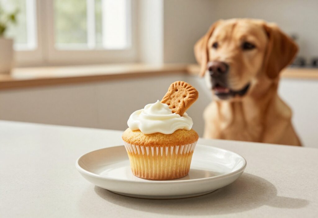 Homemade dog cupcake with yogurt topping on a plate, with a dog watching eagerly
