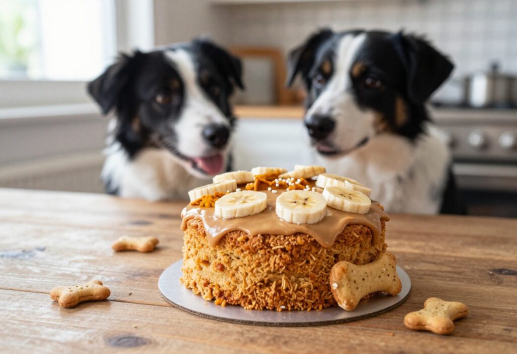 Homemade dog cake with peanut butter and banana, on a wooden table with a dog watching