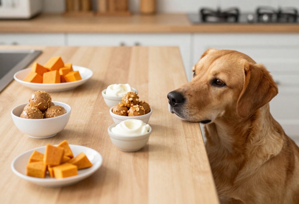 Homemade no-bake dog treats arranged on a counter with a dog waiting eagerly